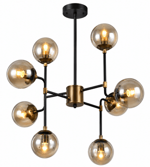 8 Light Black and Bronze Chandelier with glass globes, showcasing a modern design and elegant finish.