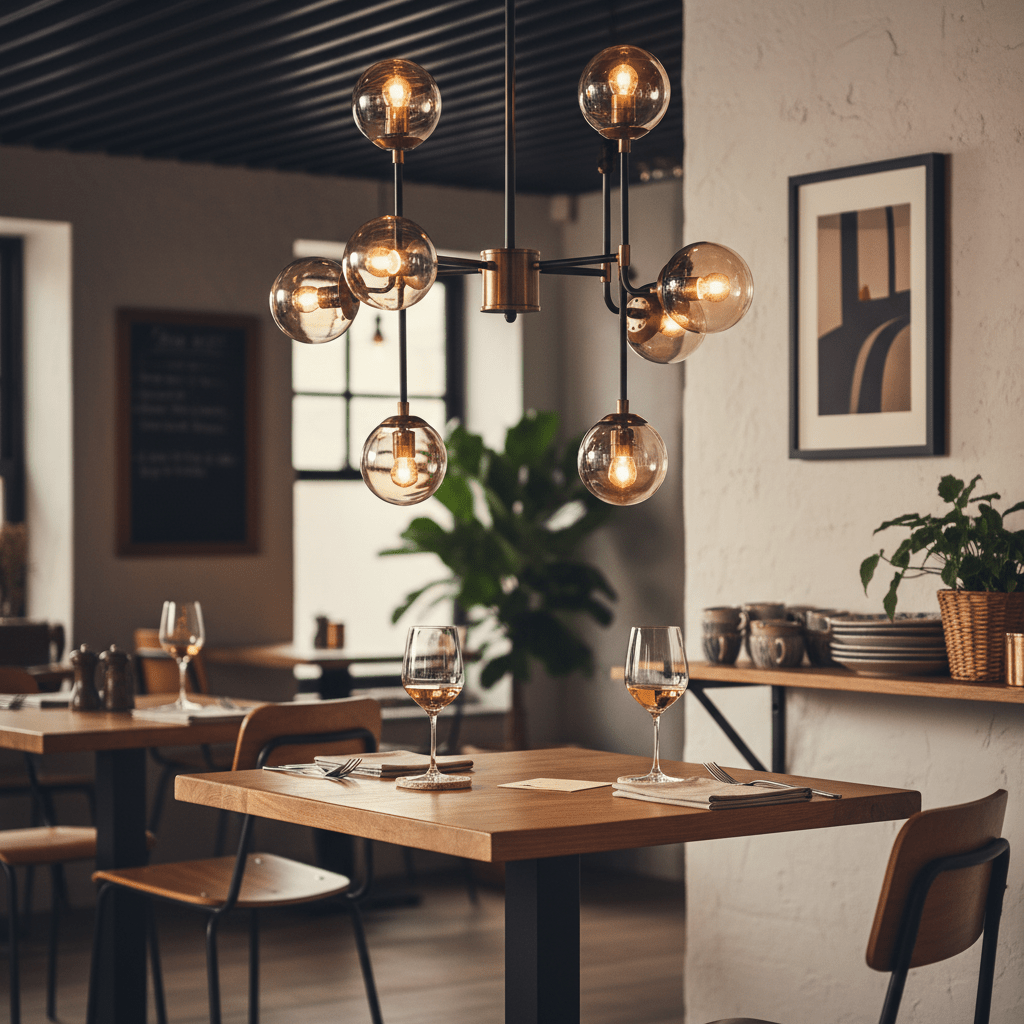 Stylish black and bronze chandelier with glass shades hanging over a dining table in a modern restaurant setting.