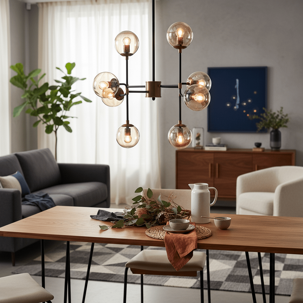 A stylish black and bronze chandelier hangs above a wooden dining table adorned with greenery and tableware.