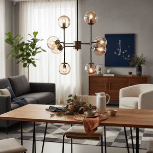 A stylish black and bronze chandelier hangs above a wooden dining table adorned with greenery and tableware.