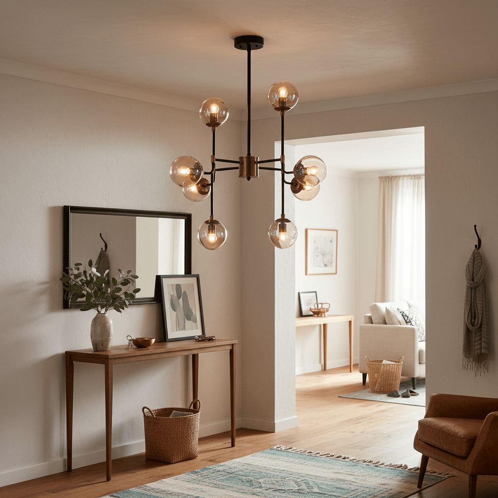 Elegant black and bronze chandelier with glass shades hanging above a wooden console table in a stylish living space.