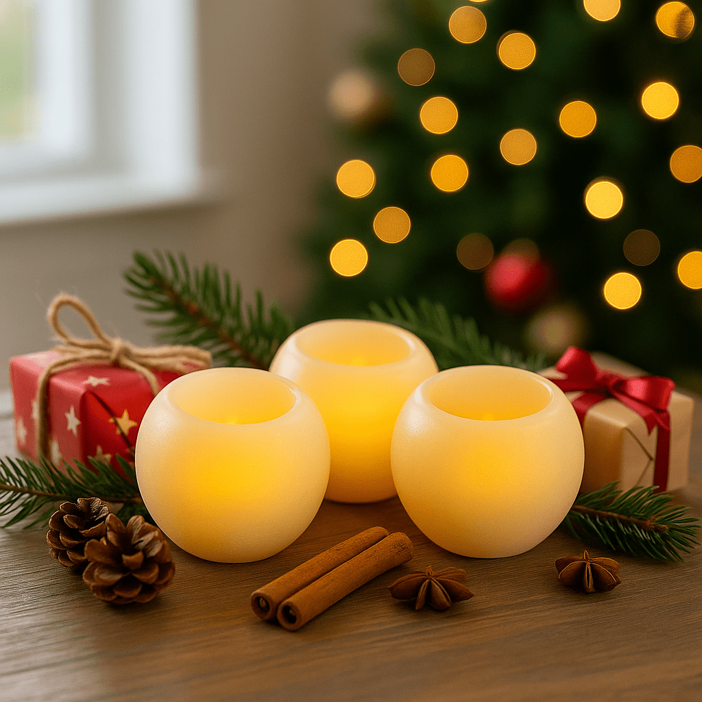 Three round LED candles glow warmly on a wooden table, surrounded by pine branches, cinnamon sticks, and festive gifts.