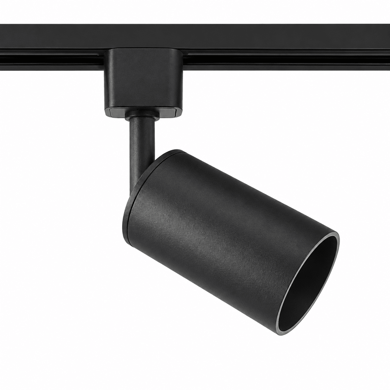 Black anti-glare GU10 track spotlight mounted on a 3-wire track, showcasing sleek design.