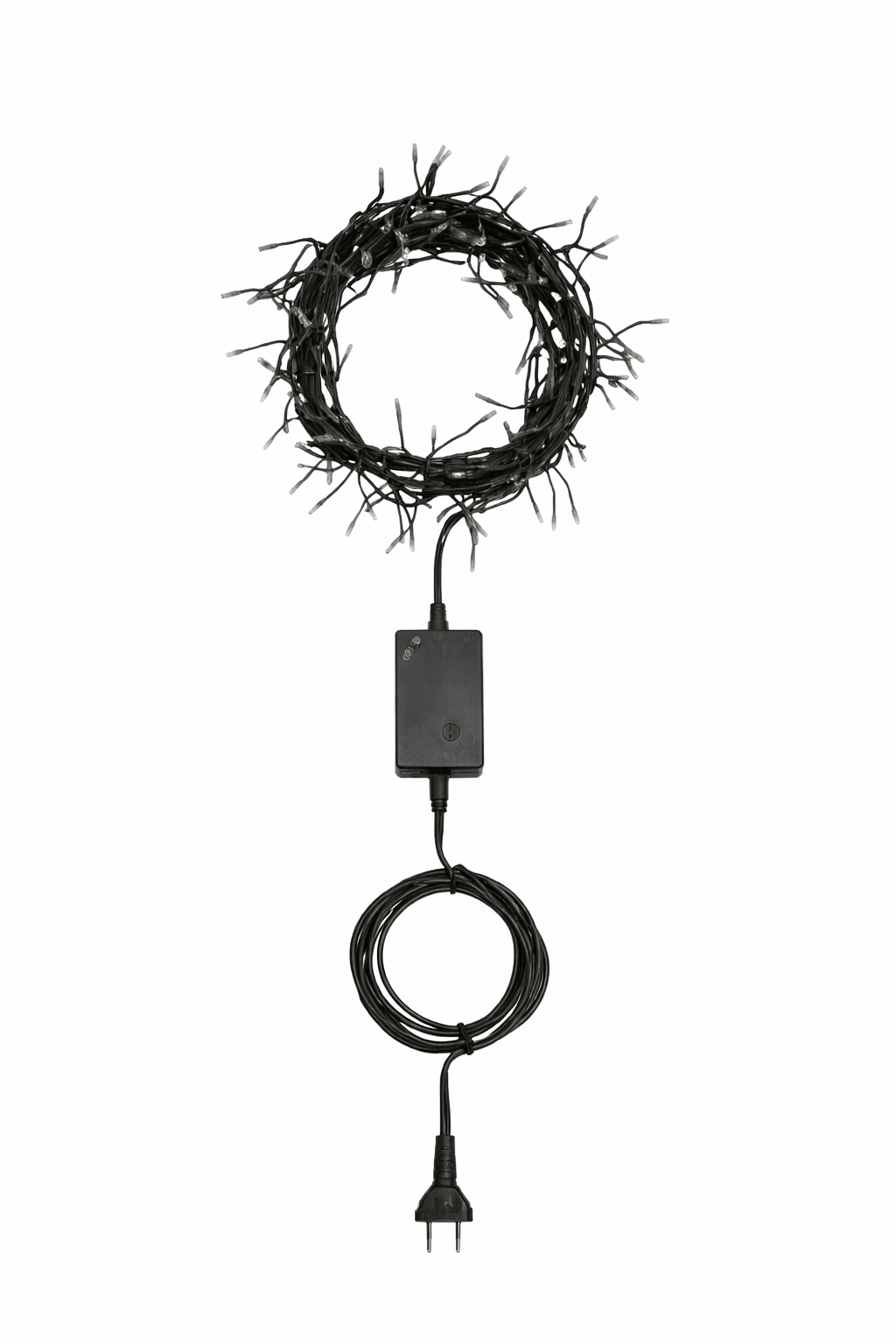Black wreath light with plug on a white background