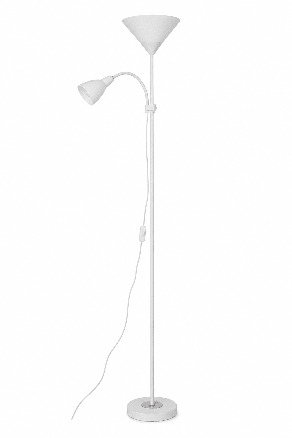 White floor lamp with a reading light on a white background