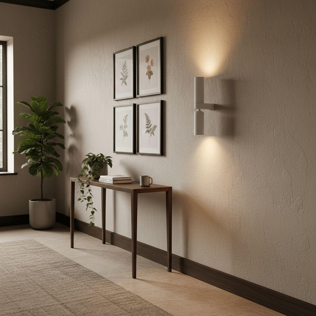 Banyan White Up & Down Wall Light illuminating a textured wall, with a console table and plants in a modern interior.