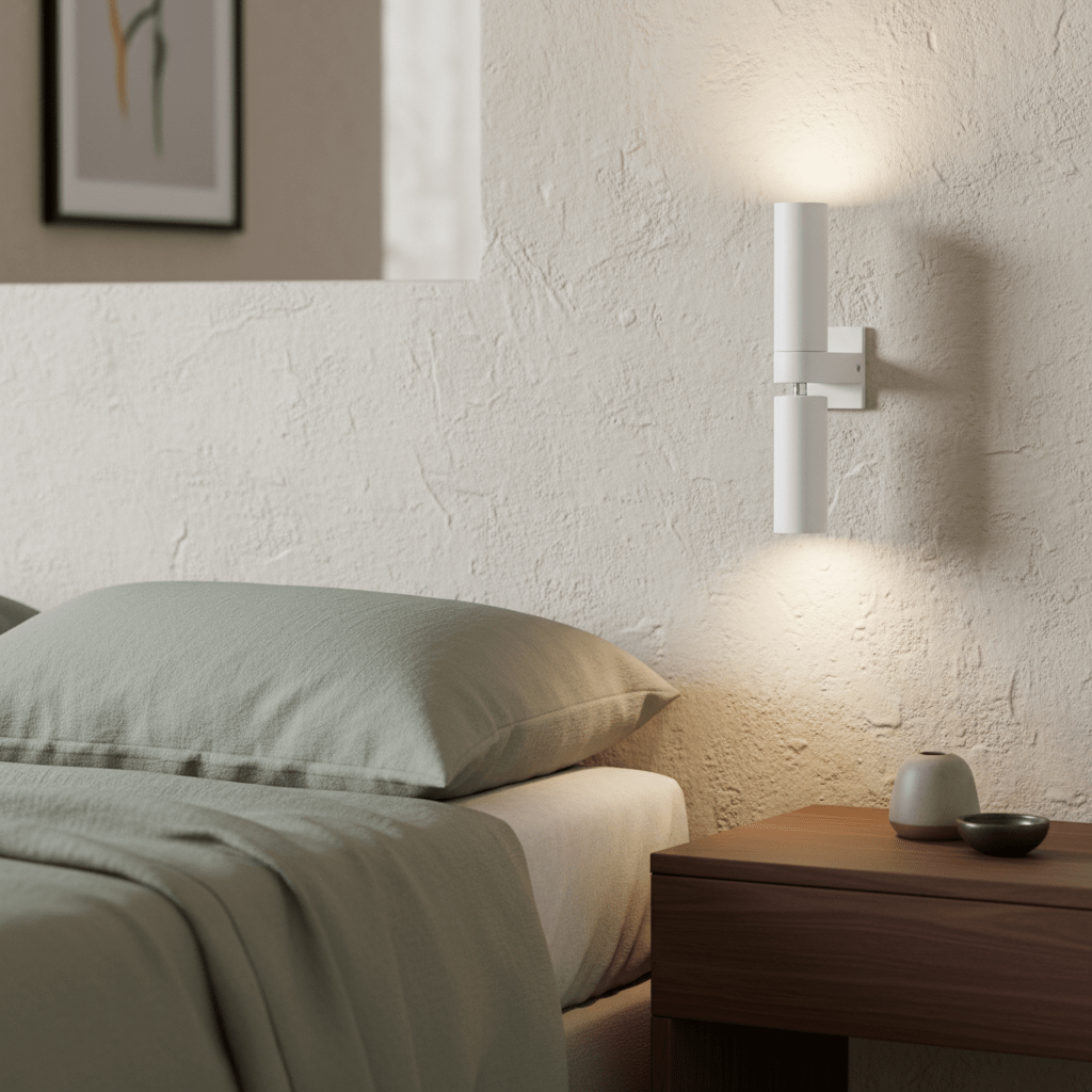 Modern white up & down wall light mounted beside a bed, illuminating a textured wall.