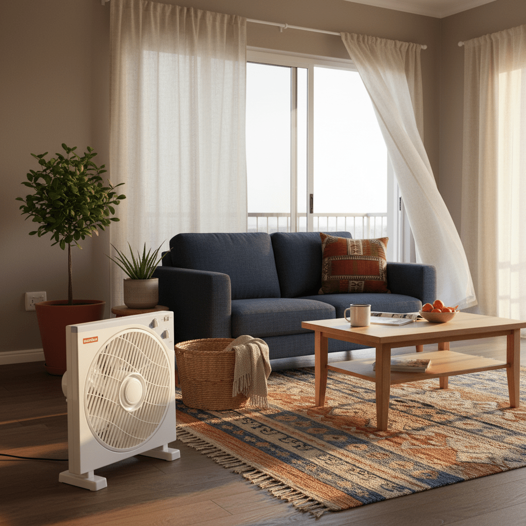 A white 5-blade box fan positioned beside a coffee table in a cozy living room setting.