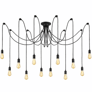 Modern chandelier with multiple hanging light bulbs on a white background