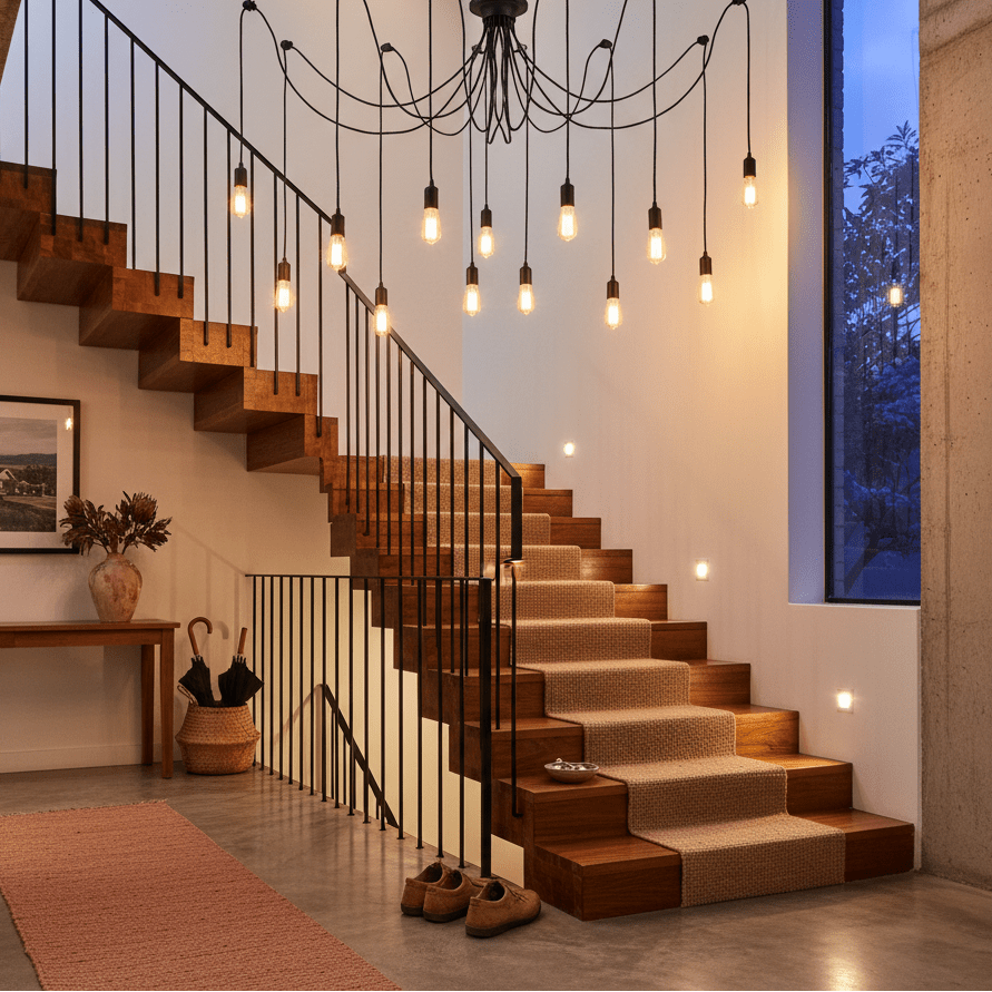 Black metal cord pendant light hanging above a modern wooden staircase, illuminating the space with a warm glow.