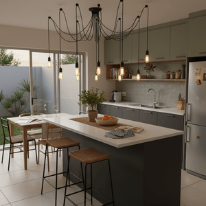 Black metal cord pendant light with multiple bulbs hanging over a kitchen island, surrounded by modern decor.