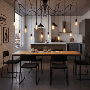 Black metal cord pendant light with multiple bulbs hanging over a wooden dining table in a modern kitchen.