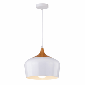 Pendant light with white shade and wooden base on a white background