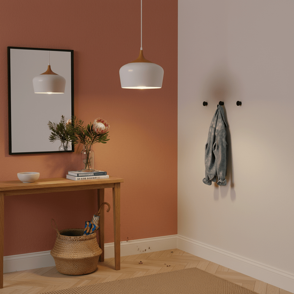 Scandinavian-style pendant light hanging above a wooden table with a mirror and decor.