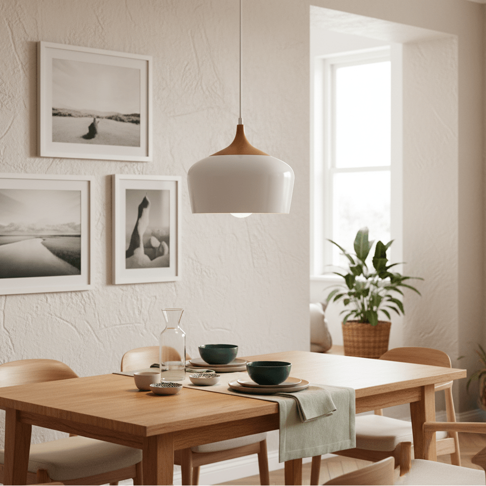 Scandinavian-style pendant light hanging above a wooden dining table set with dishes and a carafe, framed photos on the wall.