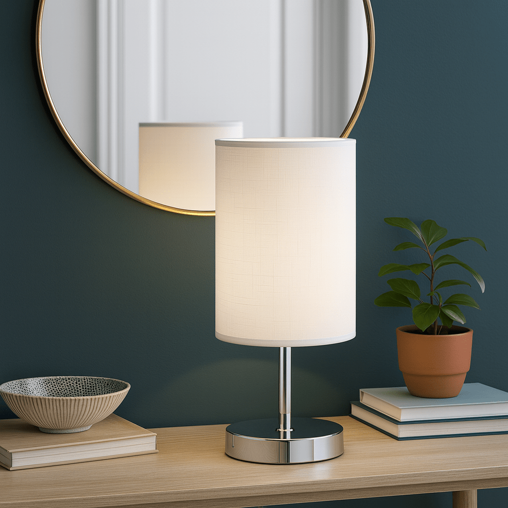 Table lamp styling ideas for Cape Town interiors, decorative bedside lamp on modern side table, warm LED glow, realistic 800x800 room scene with terracotta, charcoal and oak accents