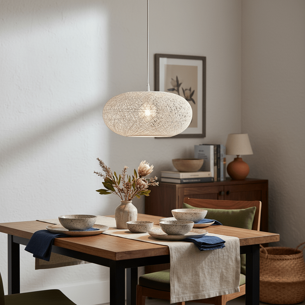 A 400mm white twine pendant light hangs above a wooden dining table set with bowls and a vase of flowers.
