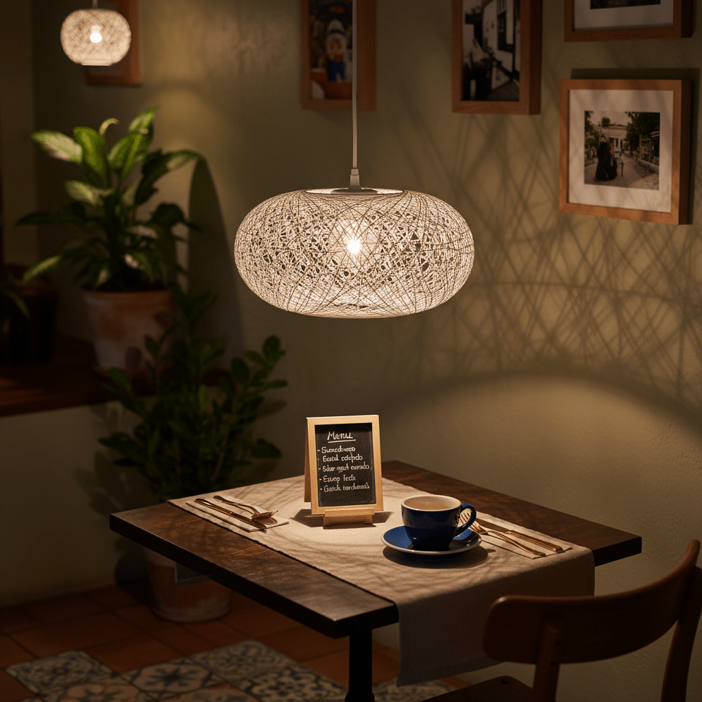 A 400mm white twine pendant light hangs above a dining table set with a blue cup and a menu board.