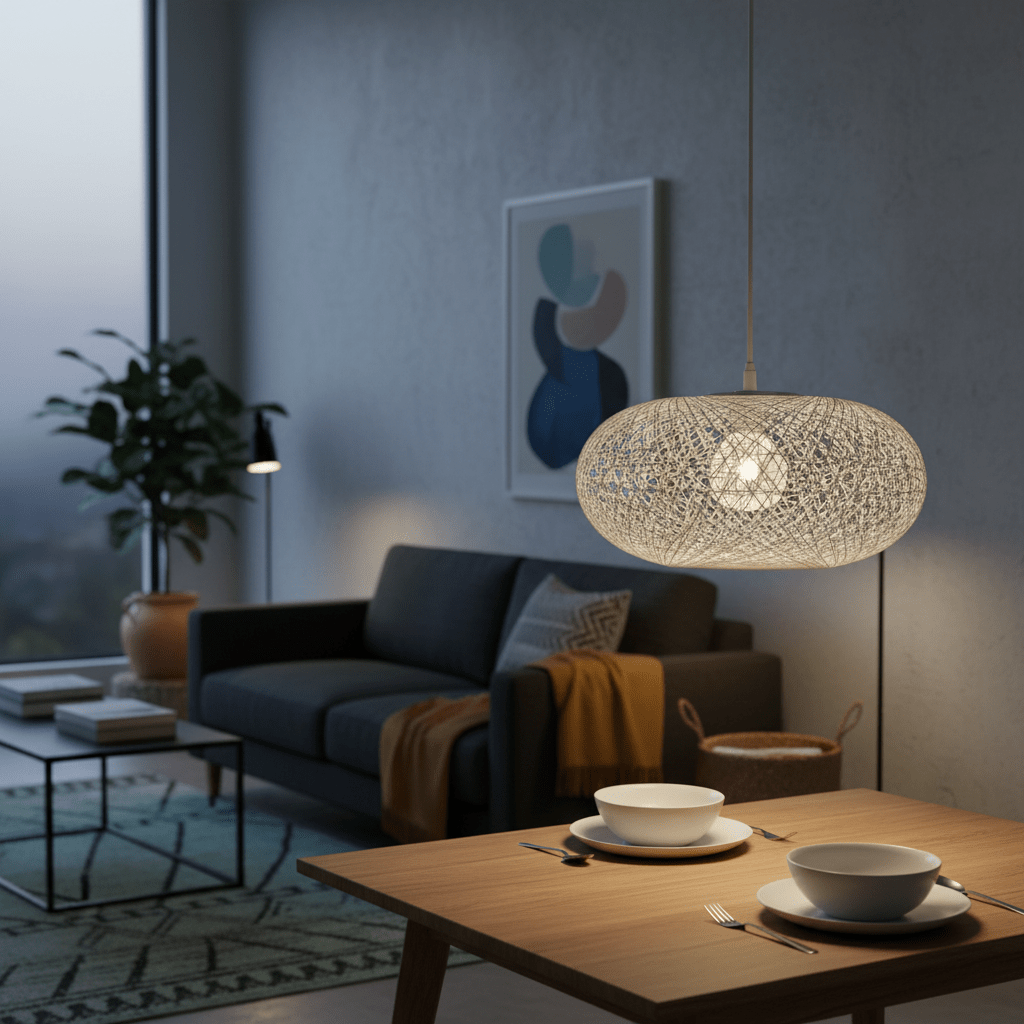A 400mm white twine pendant light hangs above a dining table set for two, creating a warm ambiance.
