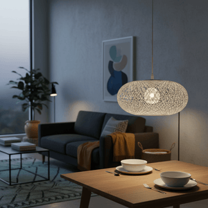 A 400mm white twine pendant light hangs above a dining table set for two, creating a warm ambiance.