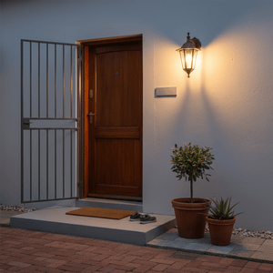 Black outdoor wall light illuminating a front door area with potted plants and a welcome mat.