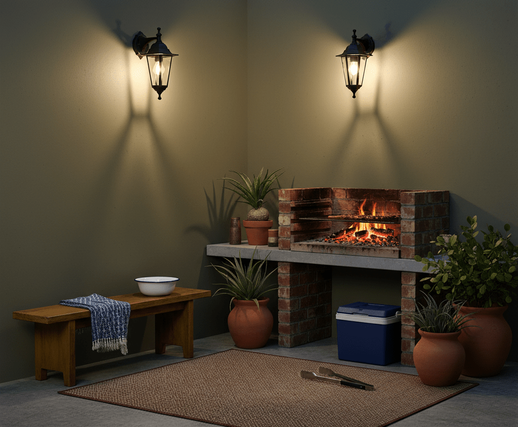Black outdoor wall light illuminating a cozy patio with a fireplace, plants, and seating.