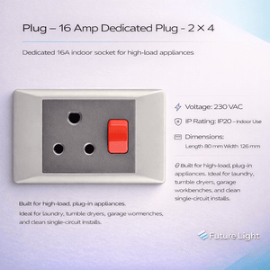 Close-up of a 16 Amp dedicated plug socket with a red switch, designed for high-load appliances.