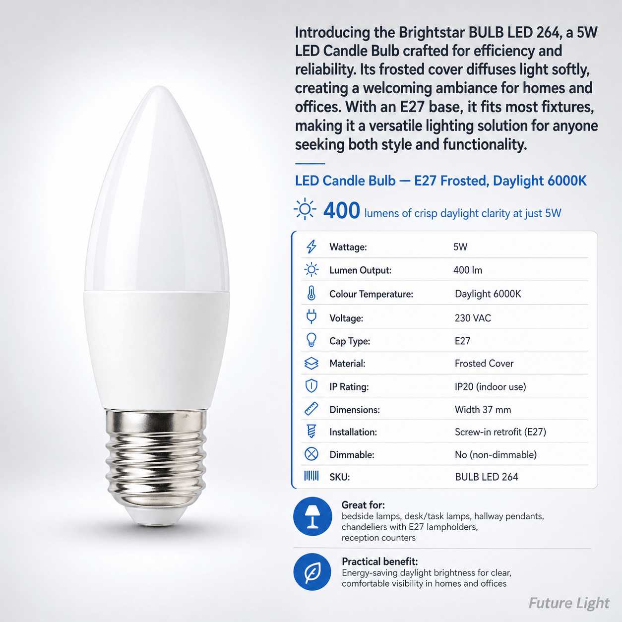 5W LED E27 Frosted Candle Bulb Daylight
