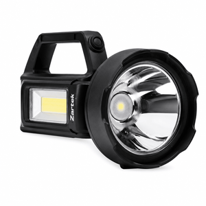 Compact rechargeable LED torch with a strong beam and side worklight, featuring a handle.