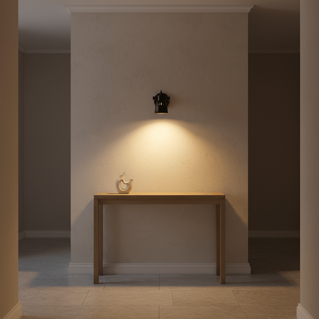 Indigo Mulberry wall lamp in matte black illuminating a wooden console table against a textured wall.