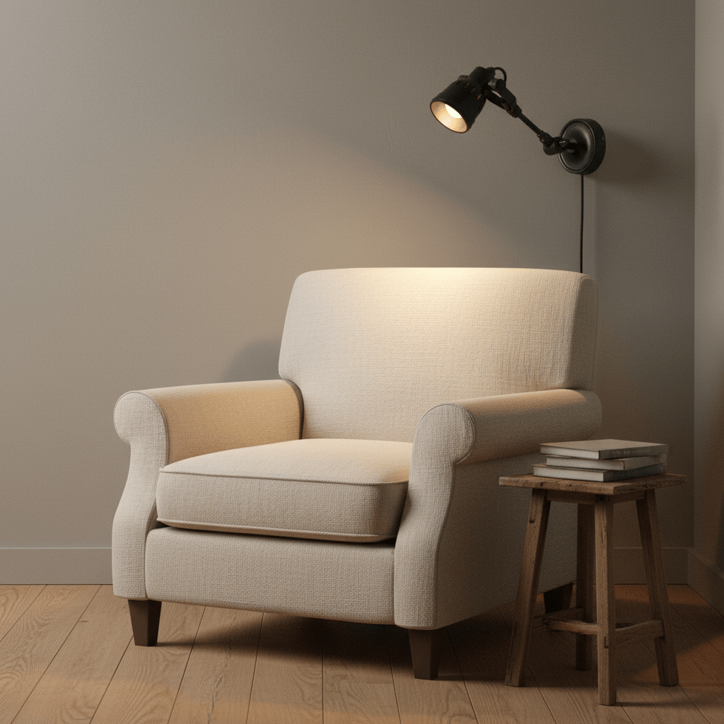 Indigo Mulberry wall lamp mounted above a cozy armchair, illuminating a small wooden side table with books.