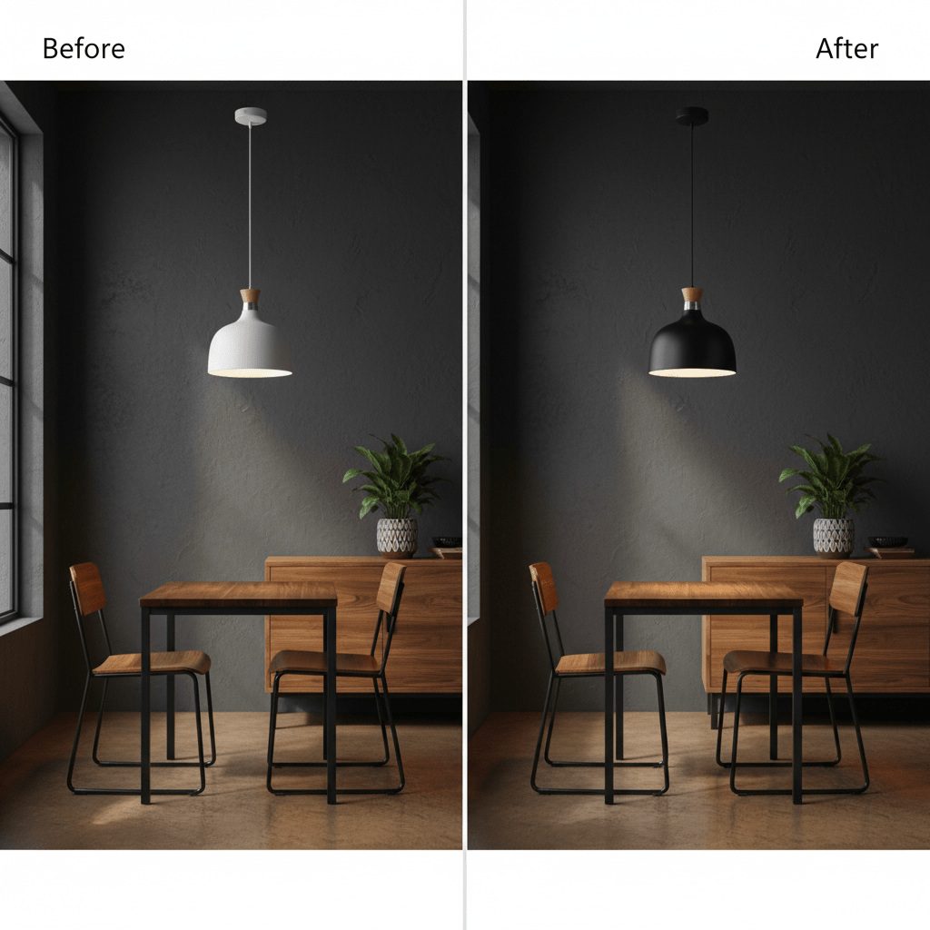 Before and after comparison of a dining area with a white and black pendant light over a wooden table.