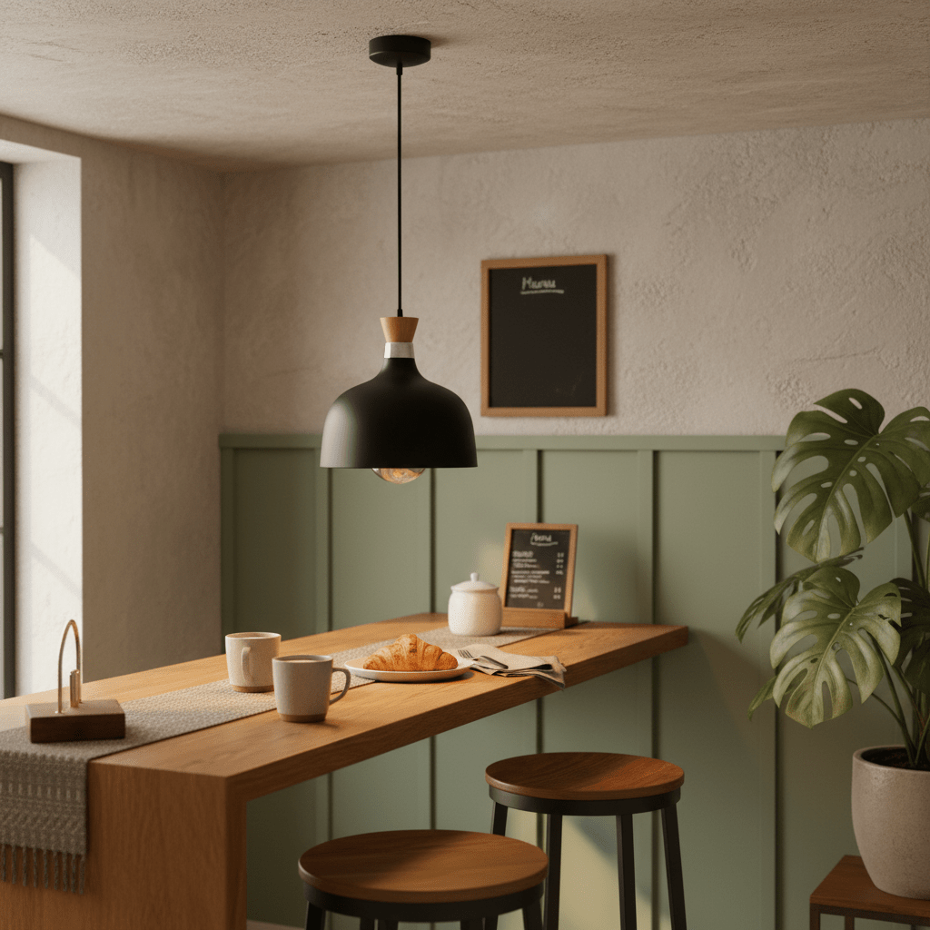 Black metal and wood pendant light hanging above a wooden dining table with coffee cups and a croissant.