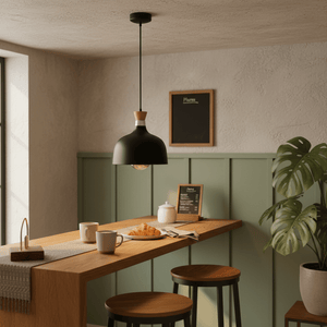 Black metal and wood pendant light hanging above a wooden dining table with coffee cups and a croissant.