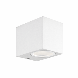 Sleek white outdoor wall light with a square design and tempered glass diffuser.