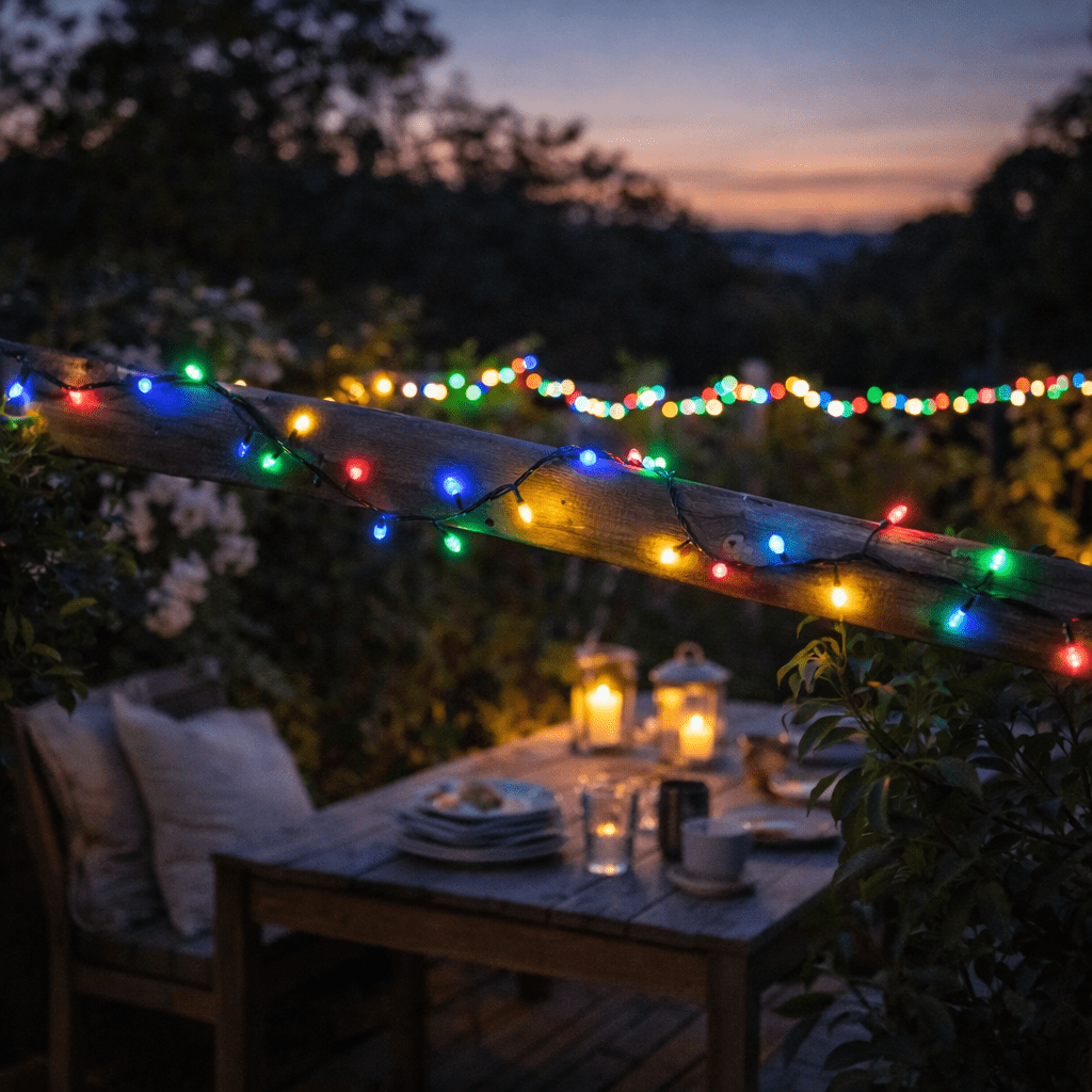 Dining table set for a meal with colorful string lights on a wooden railing at dusk.
