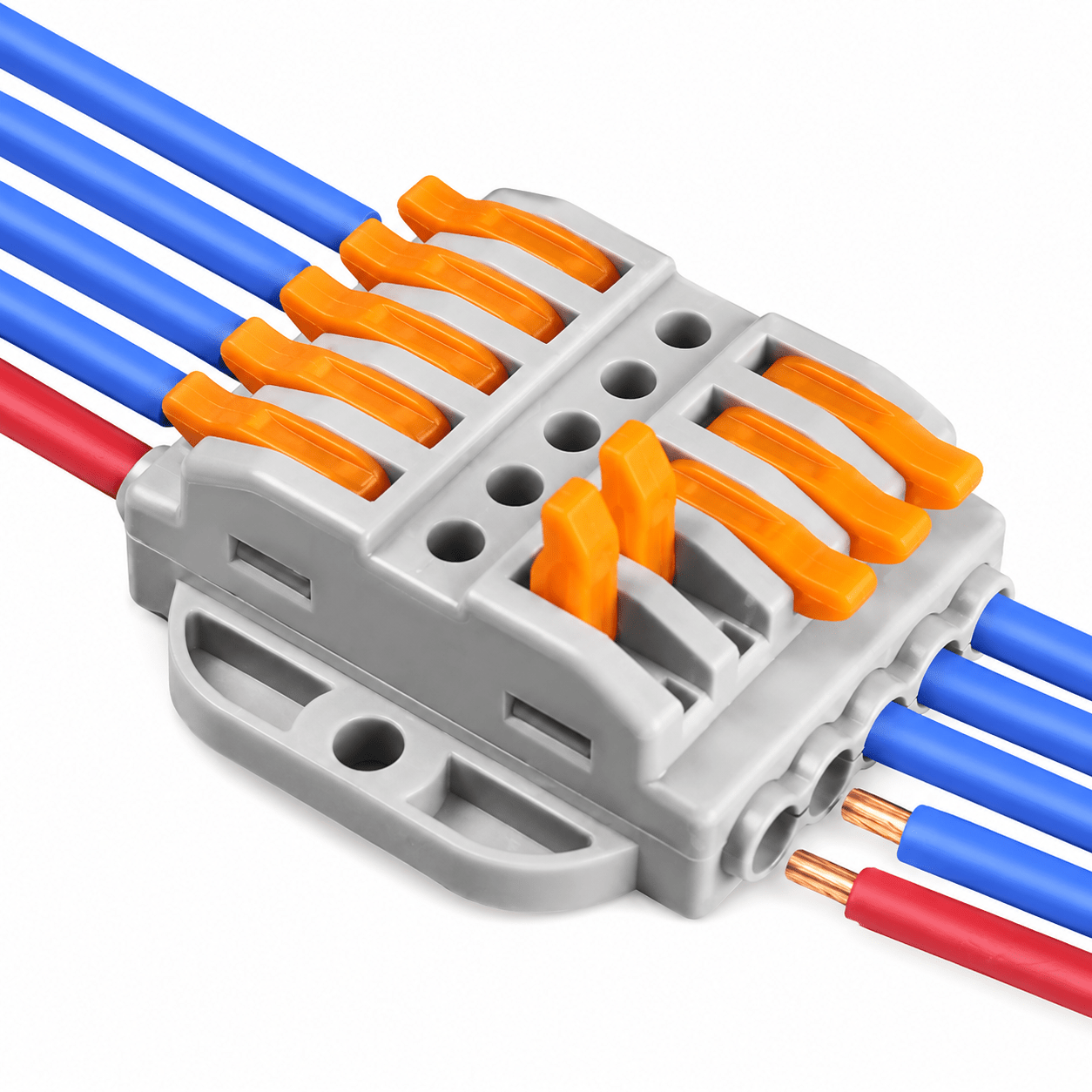 5-pole snap connector in grey with multiple colored wires attached, showcasing secure connections.