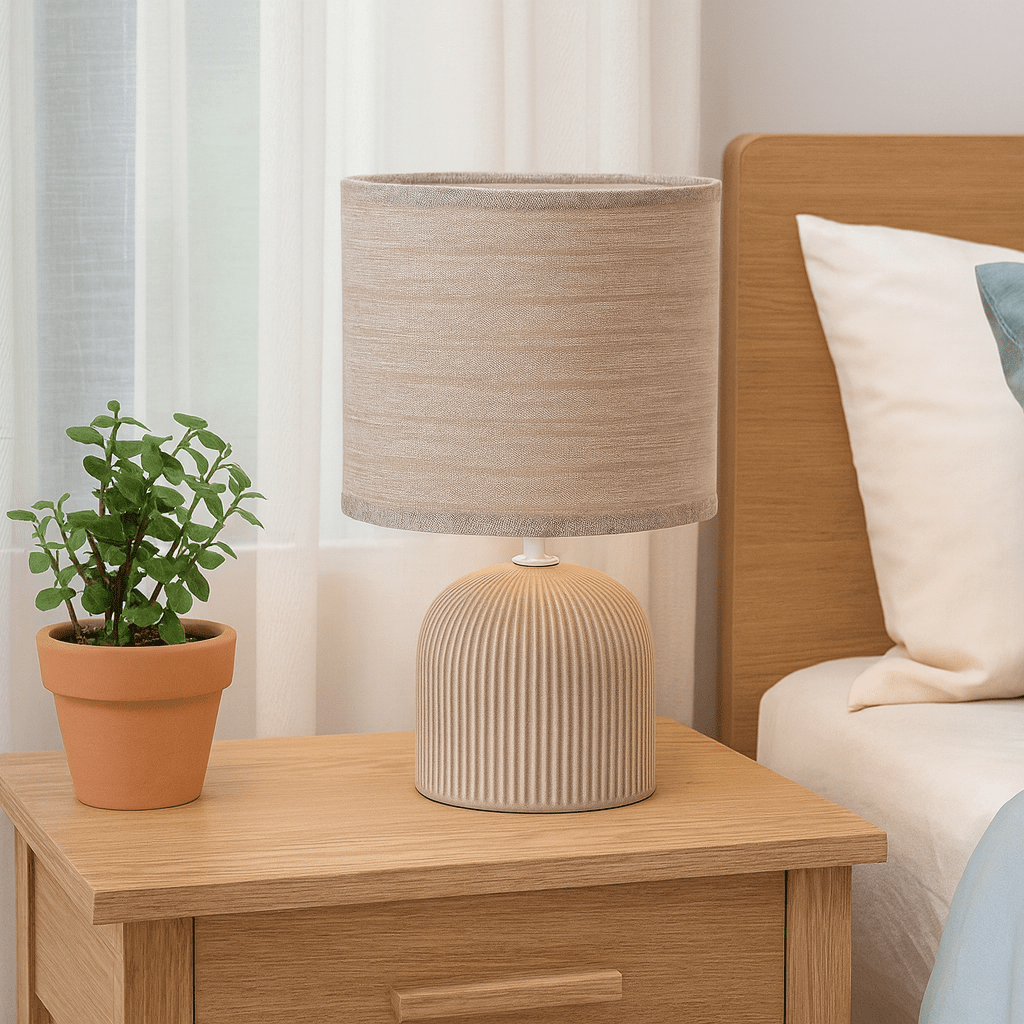 Brown ribbed ceramic table lamp on a bedside table next to a plant and bedding.