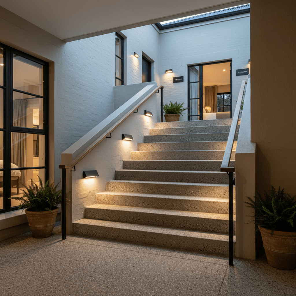 Stylish outdoor staircase illuminated by black footlights, enhancing safety and aesthetics.
