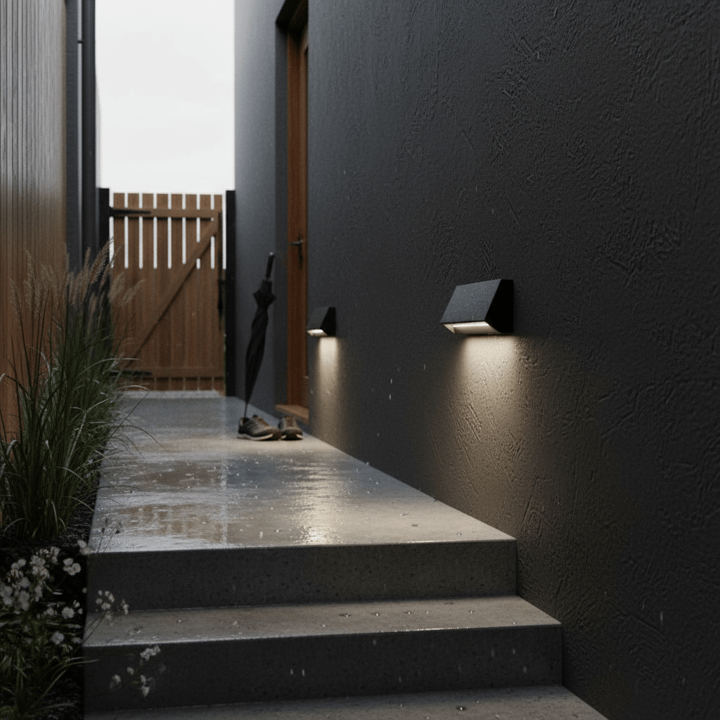 Two black surface mount footlights illuminate a wet concrete staircase leading to a door.