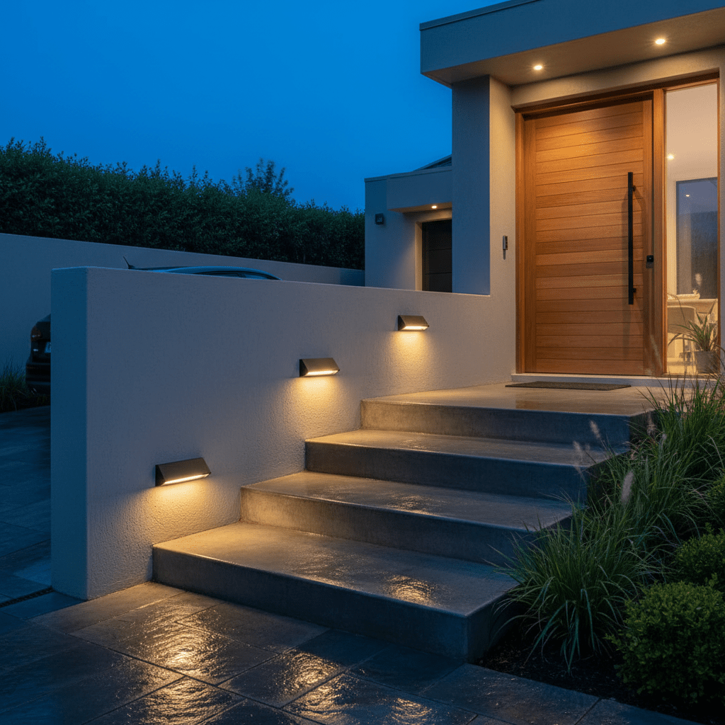 Stylish black footlights illuminate outdoor steps, enhancing safety and aesthetics at dusk.