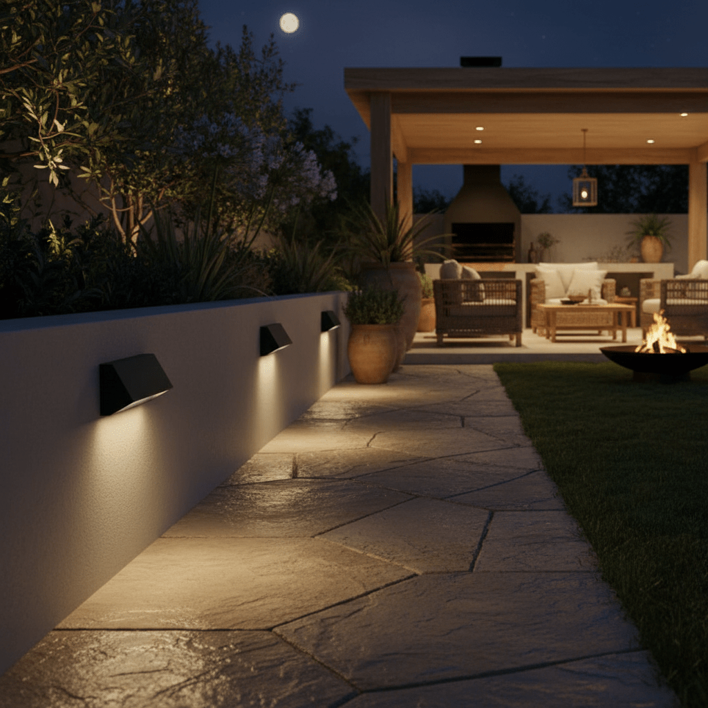 Outdoor scene featuring multiple black footlights illuminating a stone pathway beside a cozy patio.