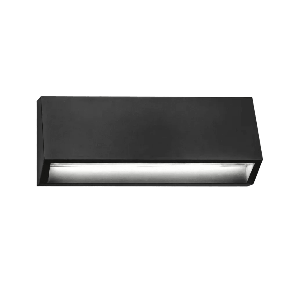 Black rectangular surface mount footlight with a sleek design and a white light strip at the bottom.