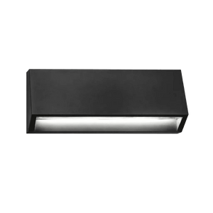 Black rectangular surface mount footlight with a sleek design and a white light strip at the bottom.