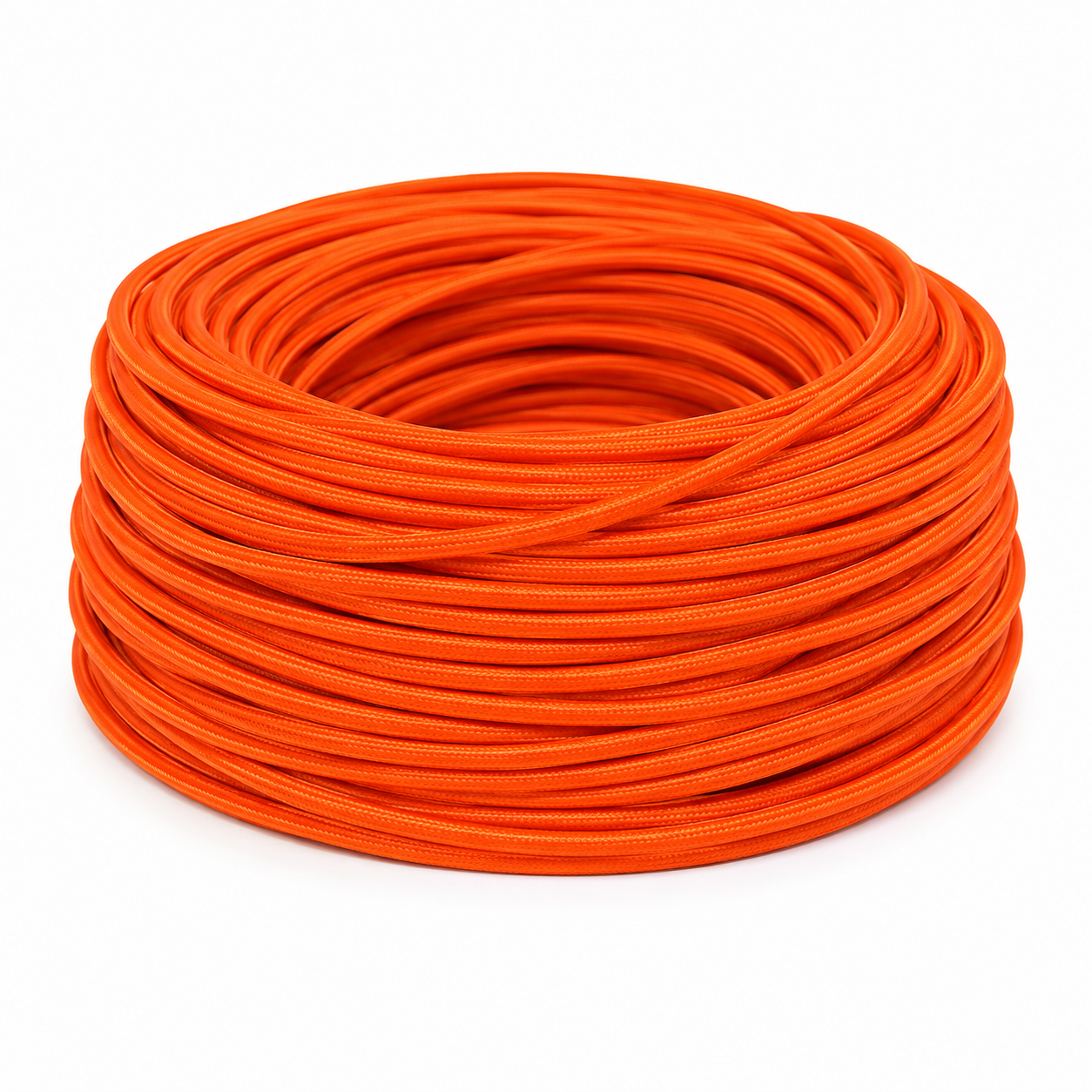 Coiled 2-core fabric cable in vibrant orange, designed for indoor electrical wiring.