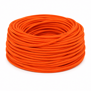 Coiled 2-core fabric cable in vibrant orange, designed for indoor electrical wiring.