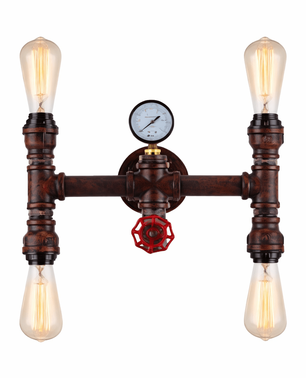 Industrial-style wall light fixture with pipes, gauges, and bulbs on a white background
