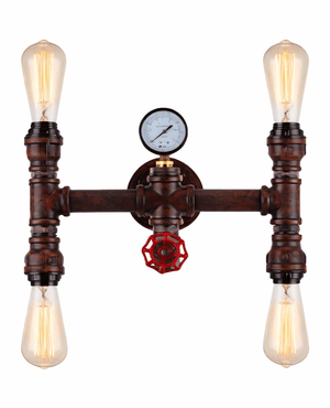 Industrial-style wall light fixture with pipes, gauges, and bulbs on a white background