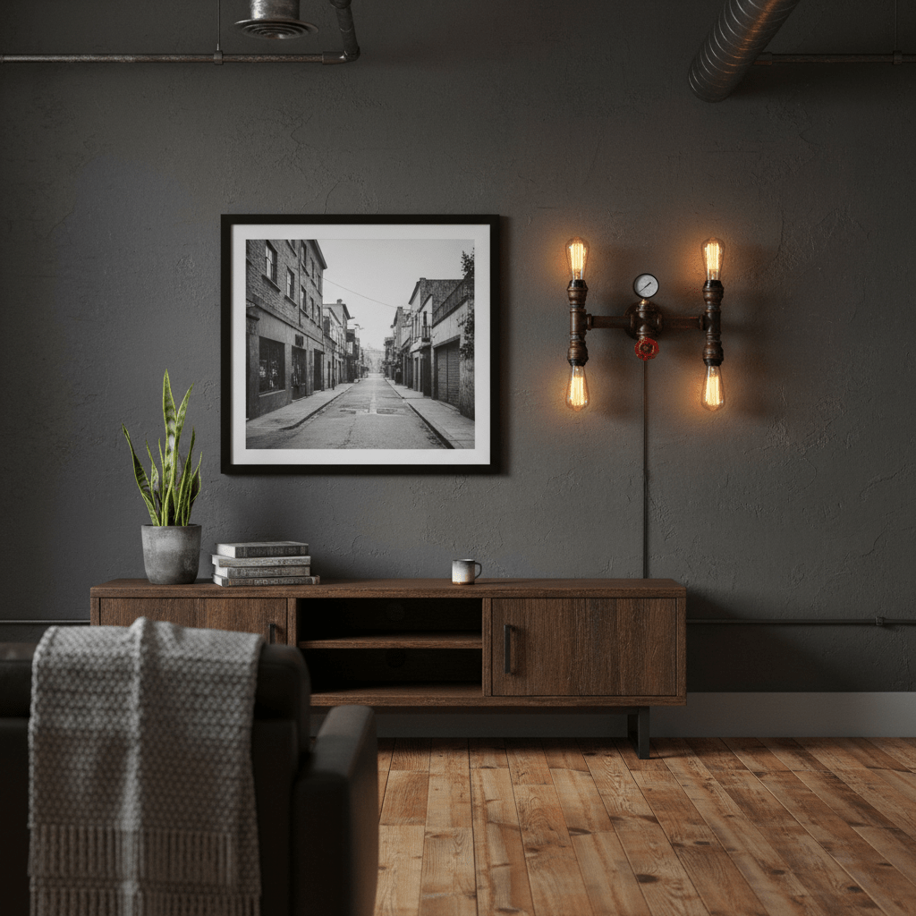 Industrial-style indoor wall light with aged iron finish, mounted beside a black-and-white street photo.