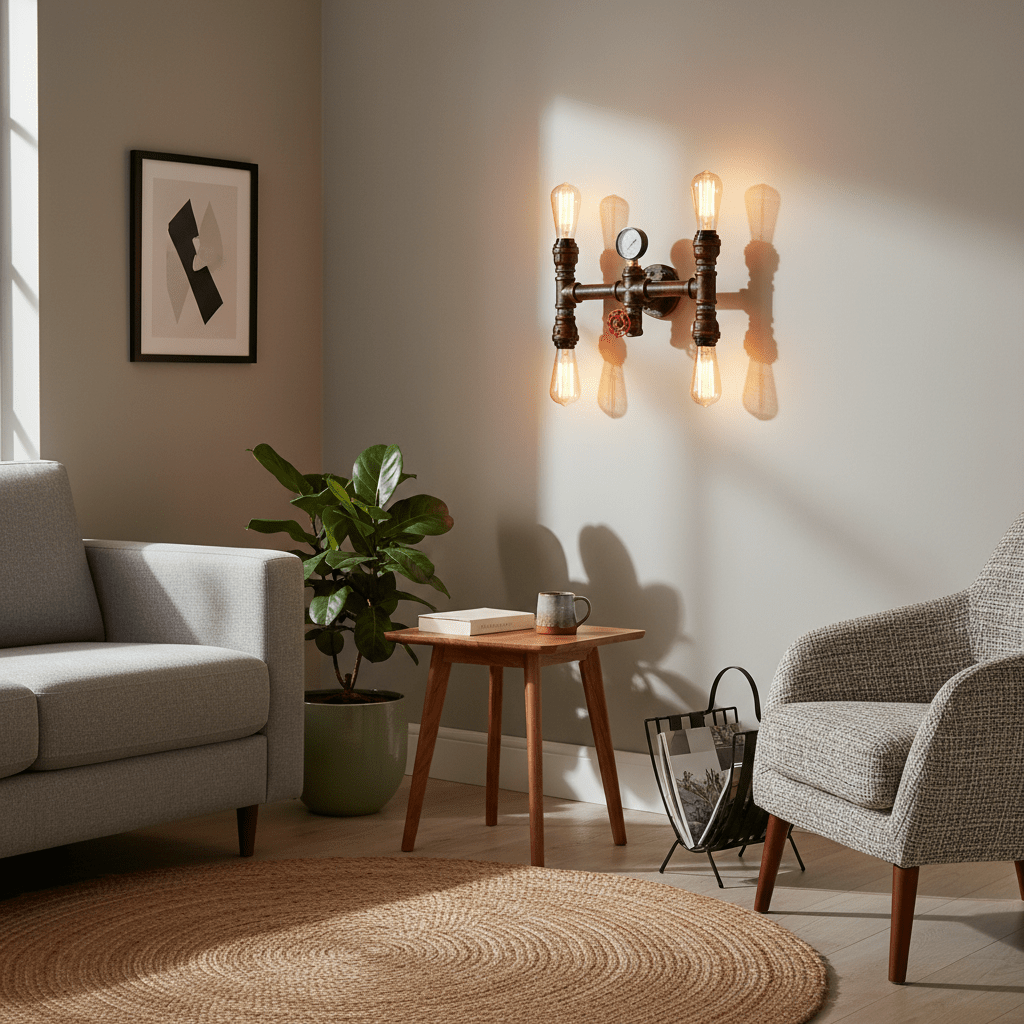 Steam 4L indoor wall light mounted above a cozy seating area, casting warm light.